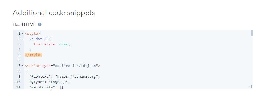 Additional code snippets section within the HubSpot CMS
