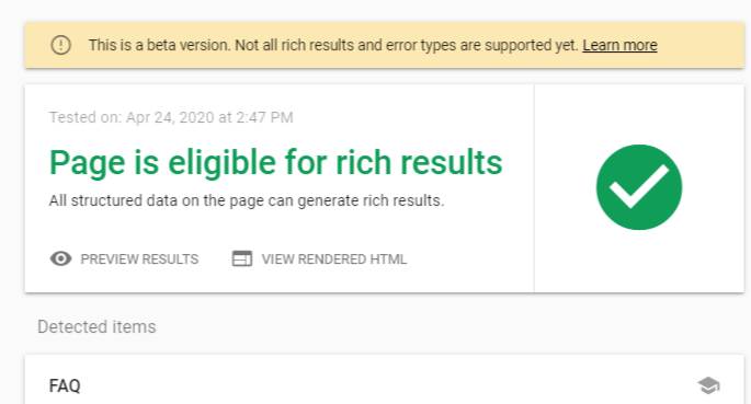 Page is eligible for results - Google rich results testing tool