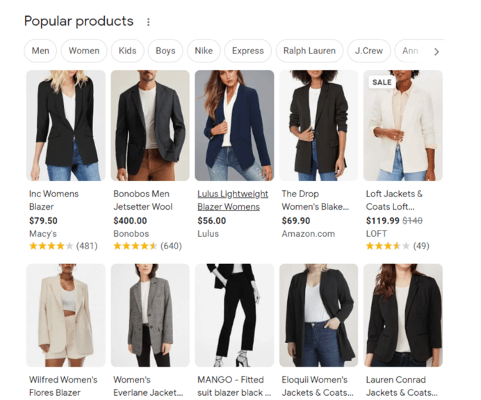 Popular products SERP feature