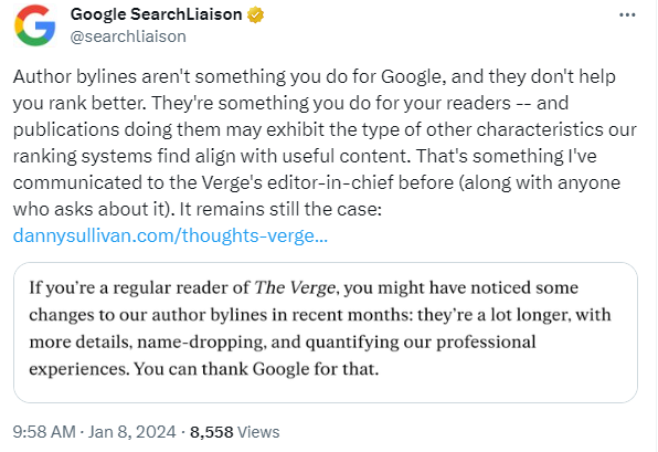 Google tweet about authors as ranking factors