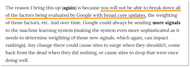 Text artifact  of Google ranking signals