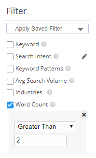 Filtering the keyword list by word count by words that have a word count greater than two. This allows you to find long-tail keywords. 