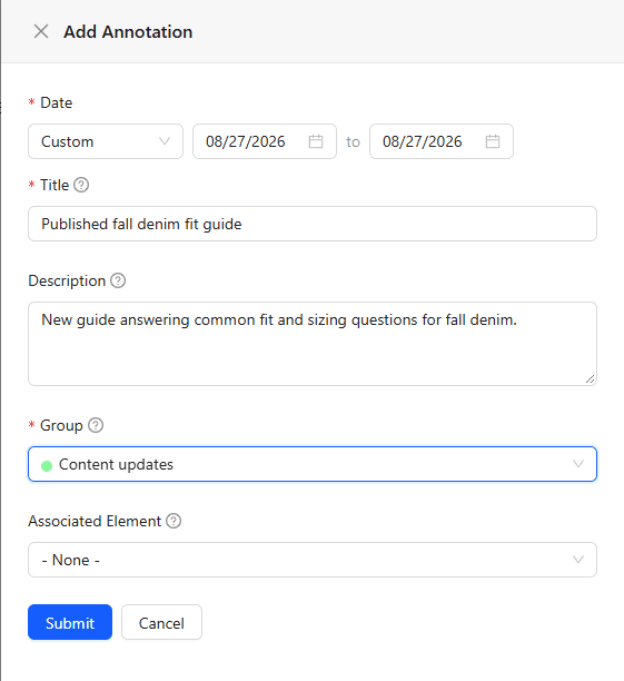 Clarity ArcAI Add Annotation panel with date, title, description and group fields filled in
